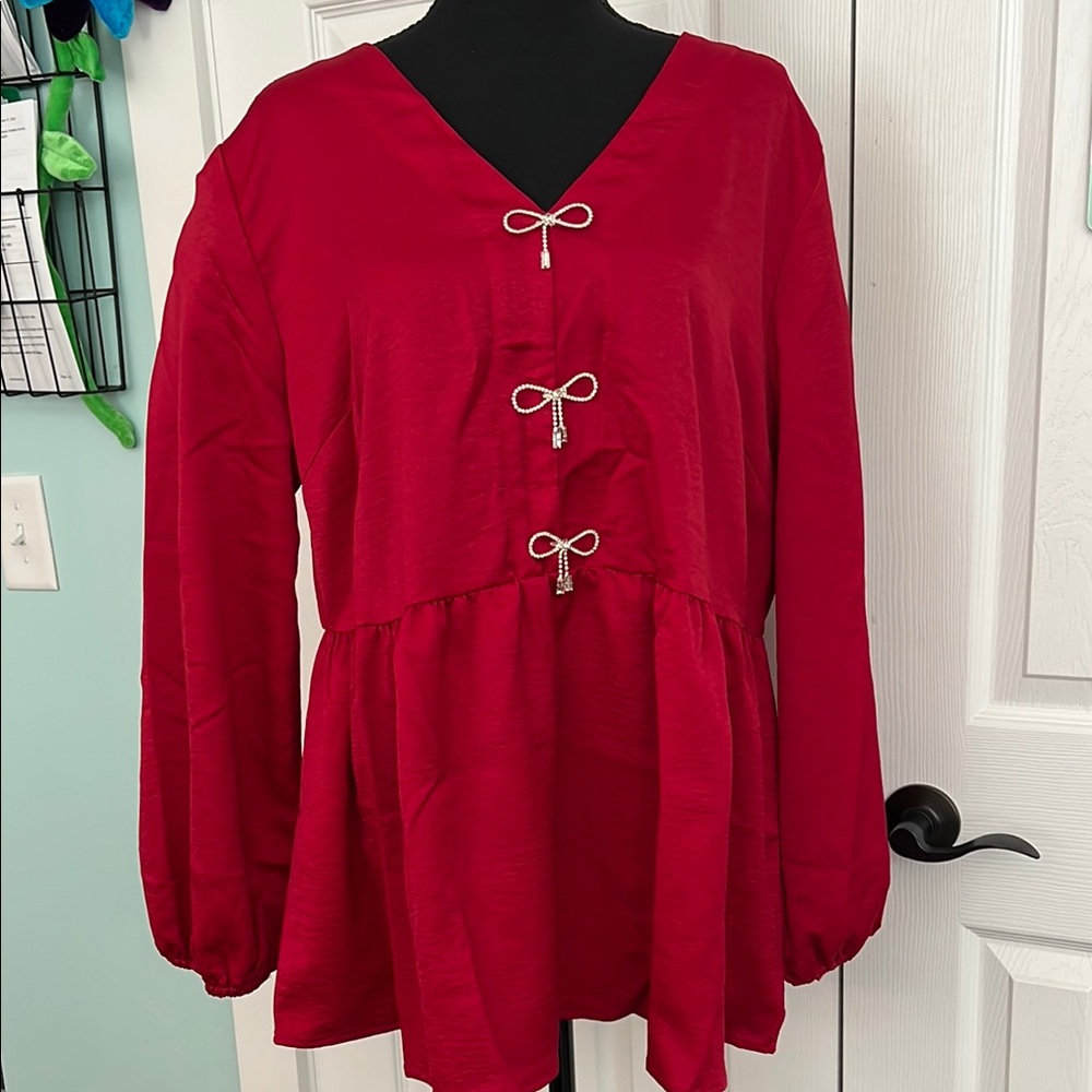 Elegant Red Women's Peplum Waist Top with Rhinestone Bow Accents
